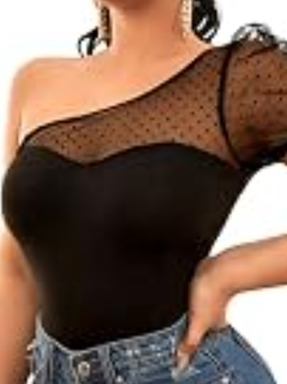 Black One-Shoulder Mesh Dot Women’s Top